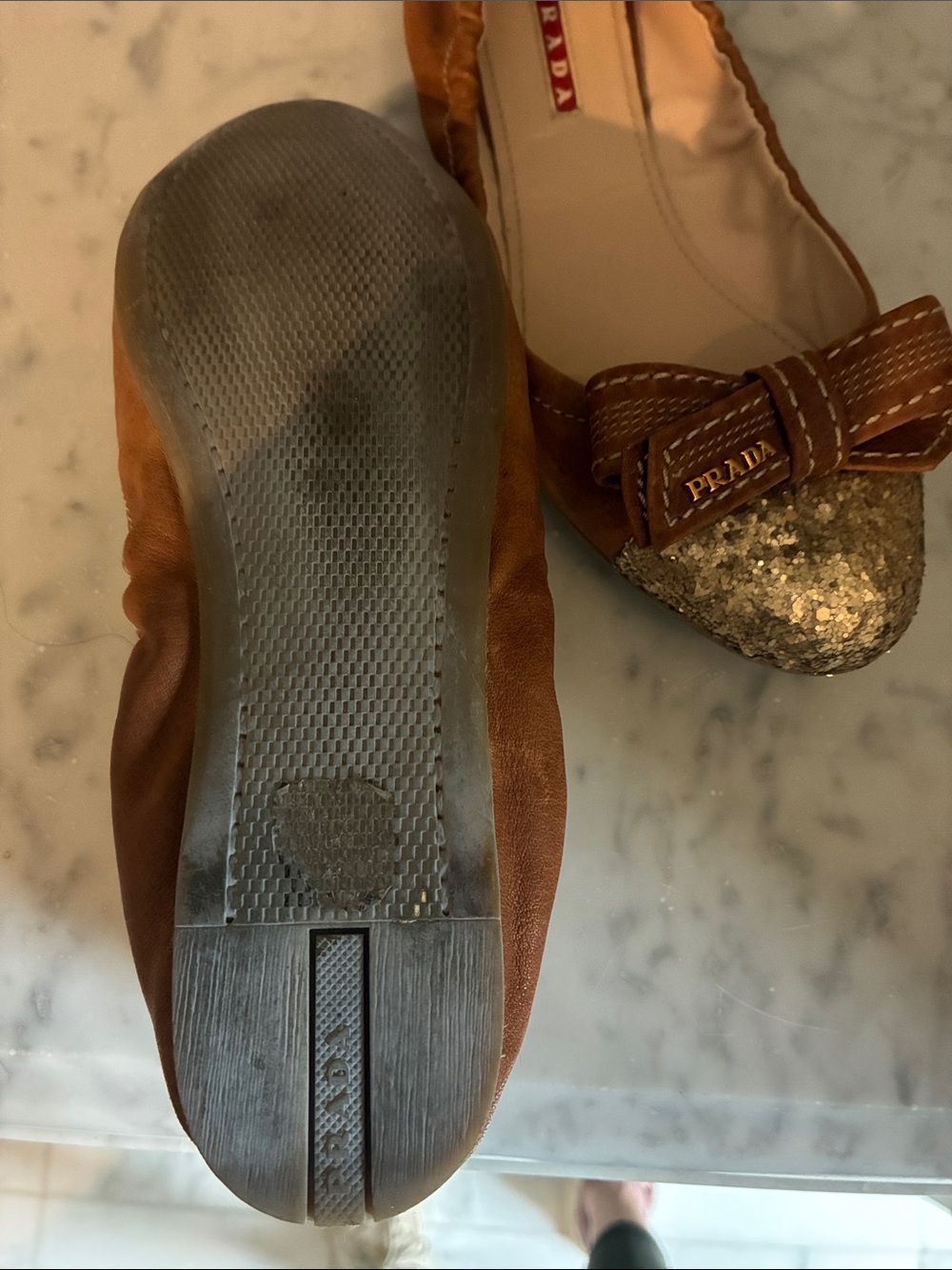 Prada Brown Leather Ballet Flats with Gold Glitter Toe and Bow - Picture 3 of 3